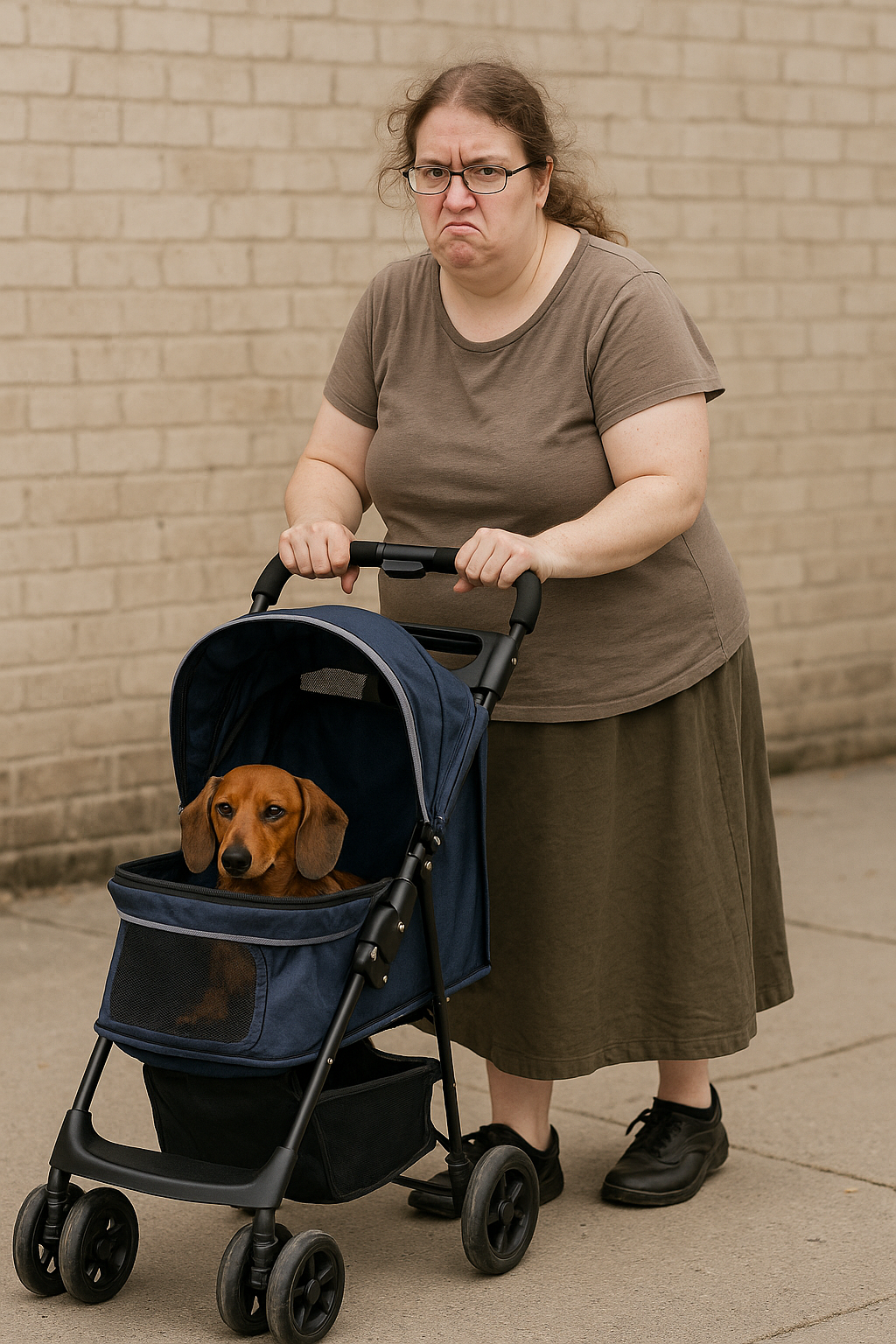 A woman pushing a dachshund in a stroller.