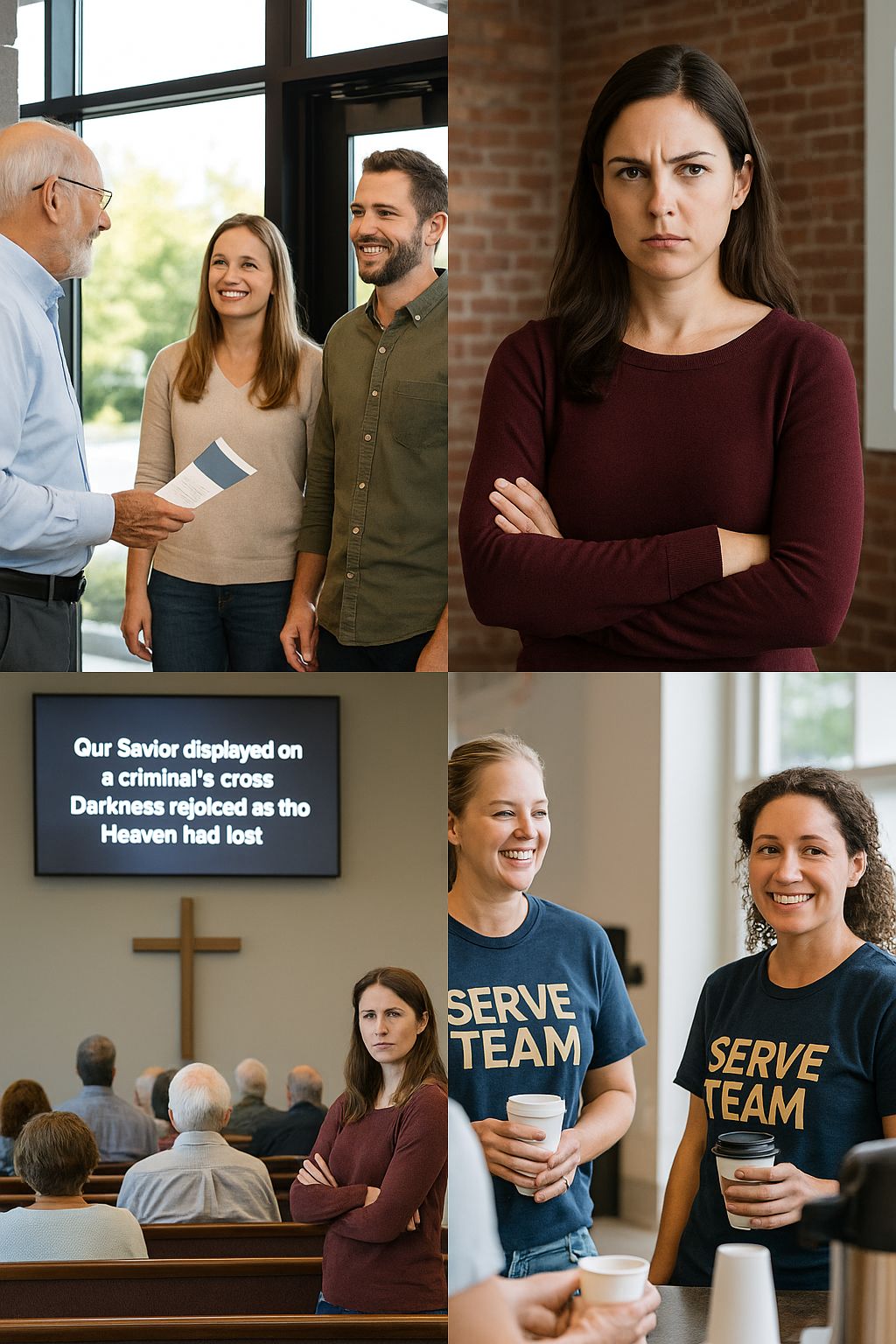 A collage of images: a man greeting a couple at a door, a suspicious woman with arms crossed, hymn lyrics on a TV, a pair of women wearing matching 'Serve Team' t-shirts