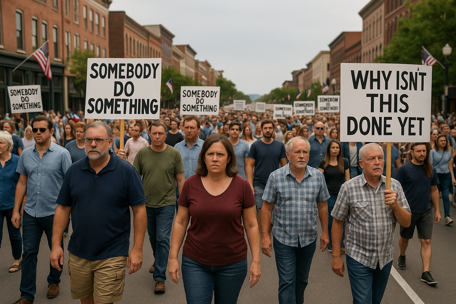 A parade of complainers, some holding signs, walking down Broadway