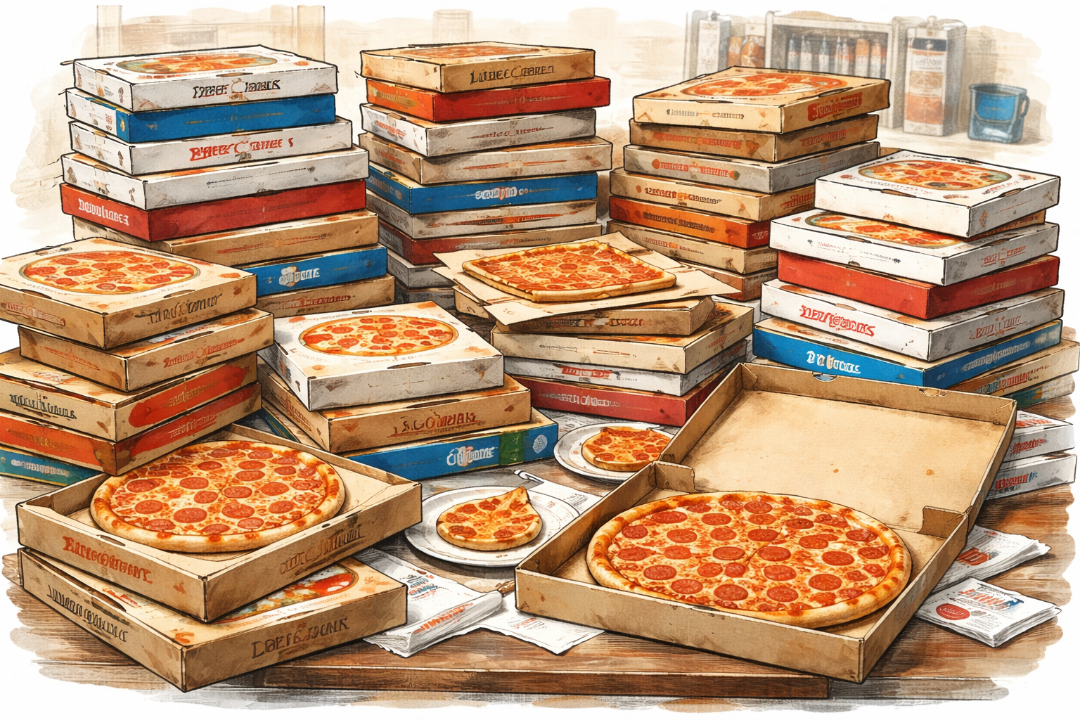 A cluttered table stacked with pizza boxes from every imaginable restaurant and store