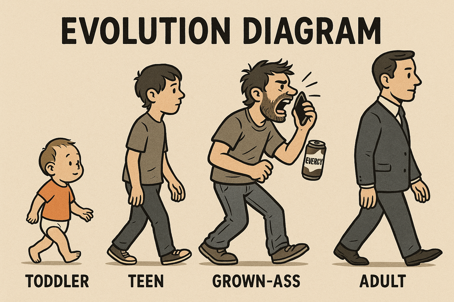 A parody evolution chart starting with 'Toddler,' then 'Teen,' then 'Grown-Ass,' and finally 'Adult,' showing the 'grown-ass' stage holding an energy drink and yelling into a phone.