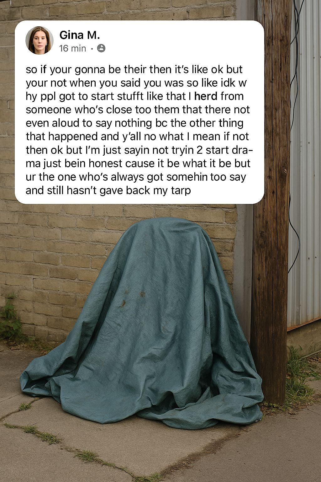 A screenshot of a rambling Facebook post with a picture of a stray tarp on a street corner behind it.