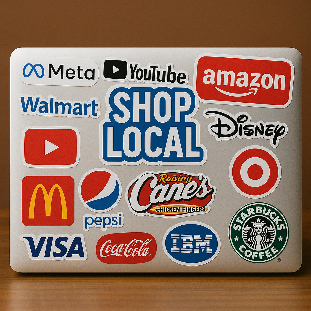 An expensive Apple laptop covered with corporate stickers like Meta, Raising Cane's, Starbucks, and a big 'SHOP LOCAL' sticker in the middle.