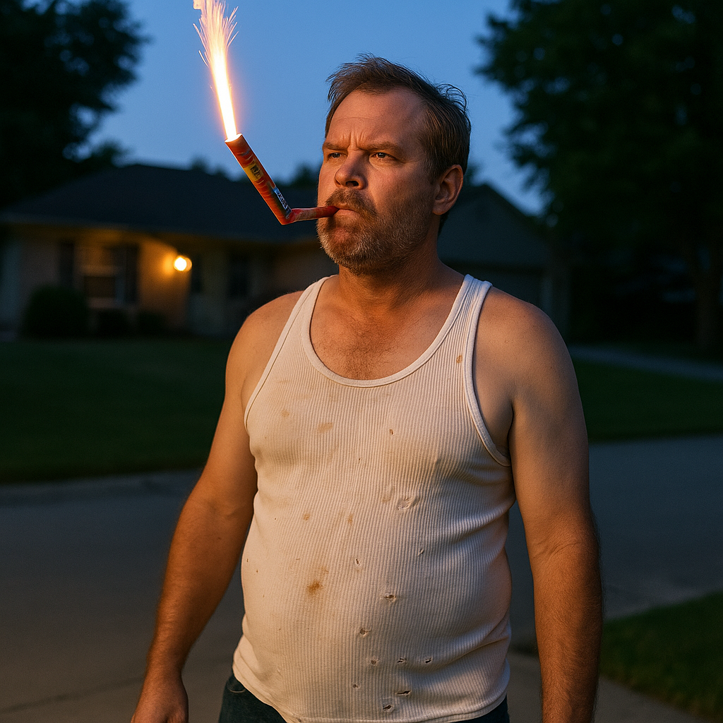 A man with a Roman candle in his mouth like a cigar, wearing a white sleeveless t-shirt with stains and tears