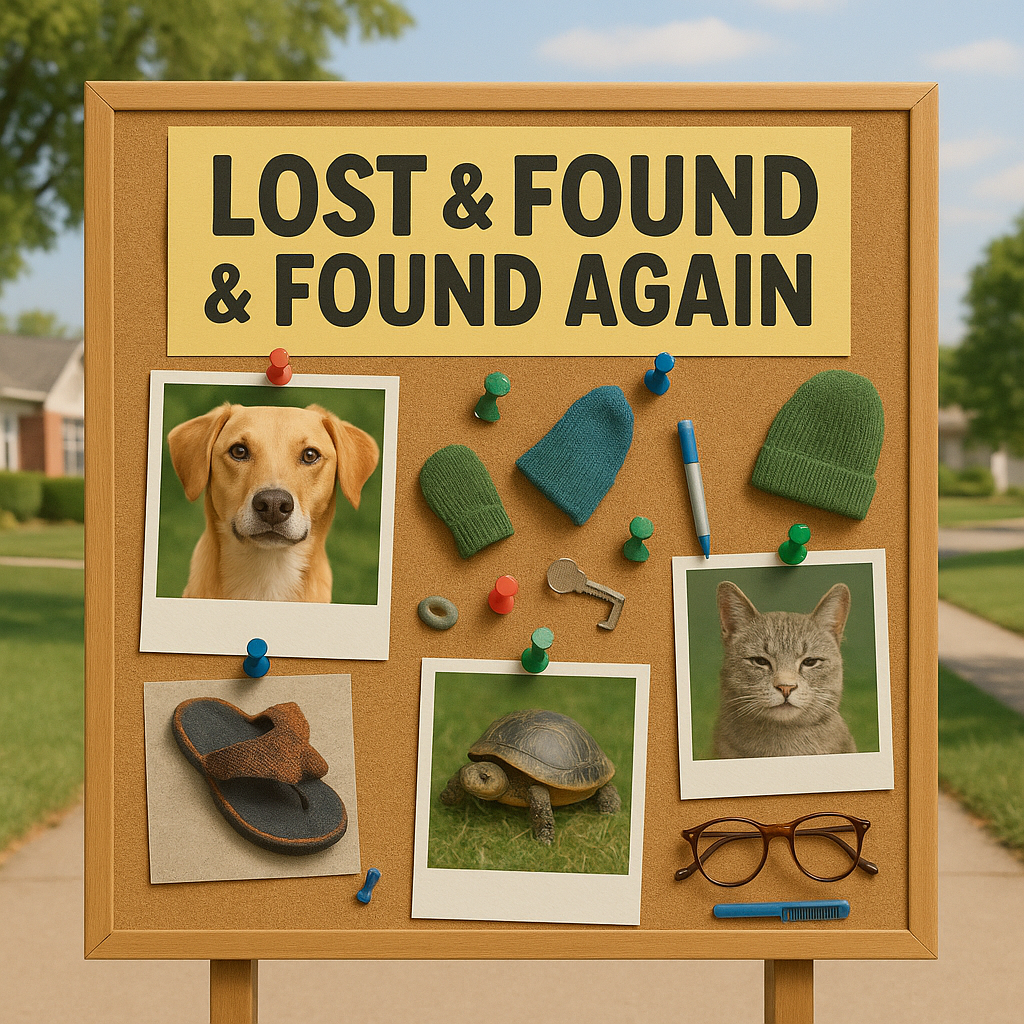 A community bulletin board showing a mix of 'lost and found' items, a dog, a smug-looking cat, a single flip-flop, an Amazon box, and a turtle, and various other low value items