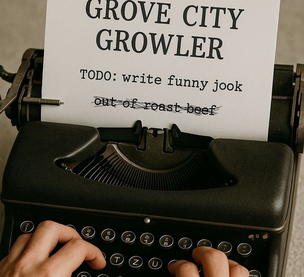 Old fashioned typewriter. On the paper is typed 'Grove City Growler' TODO: write funny jook(sp), and 'out of roast beef' is crossed out