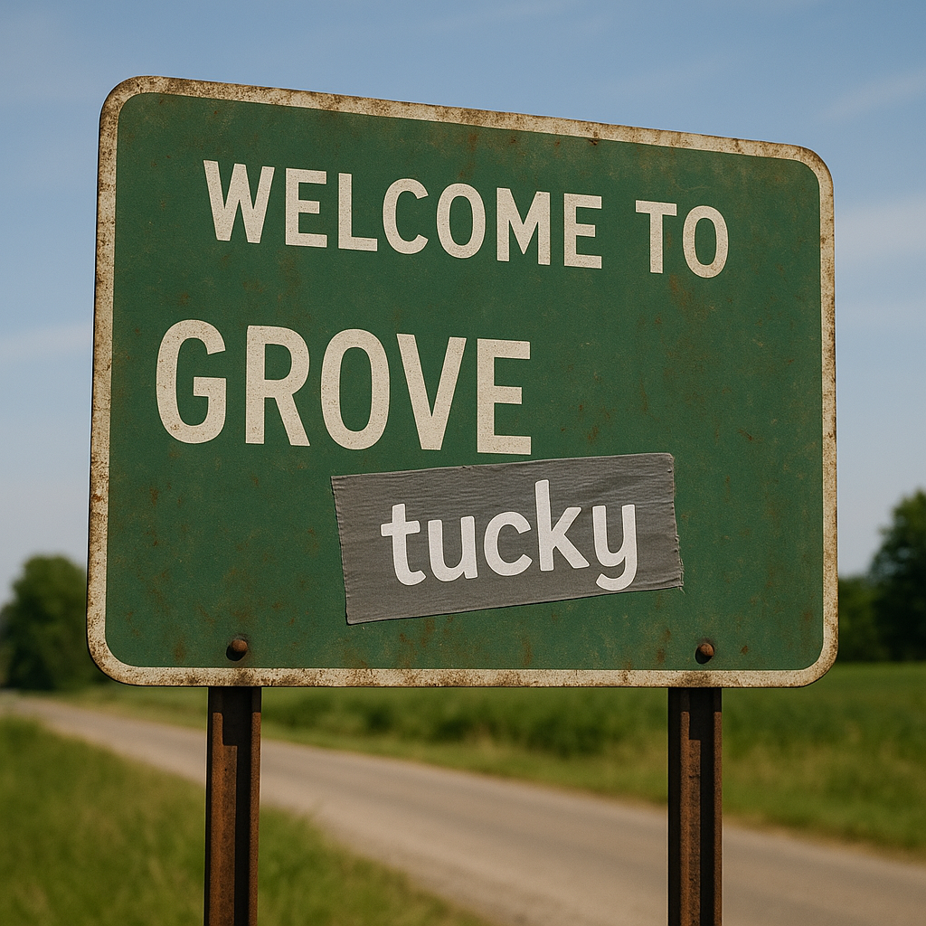A road sign saying 'Welcome to Grove City', but the 'City' has been covered with duct tape that says 'tucky'