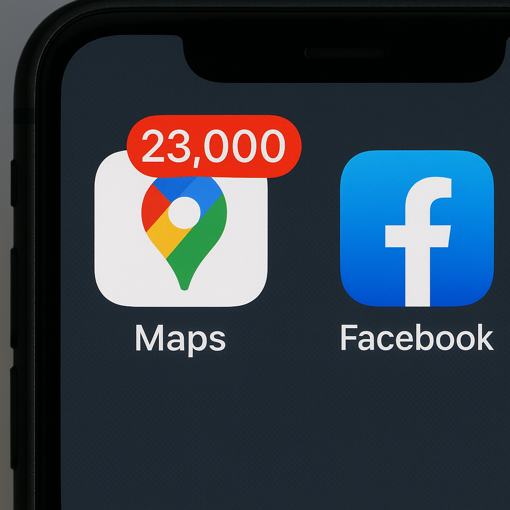 Smartphone home screen showing Google Maps icon with a red '23,000' notification badge next to a Facebook icon with none, highlighting ignored traffic alerts.