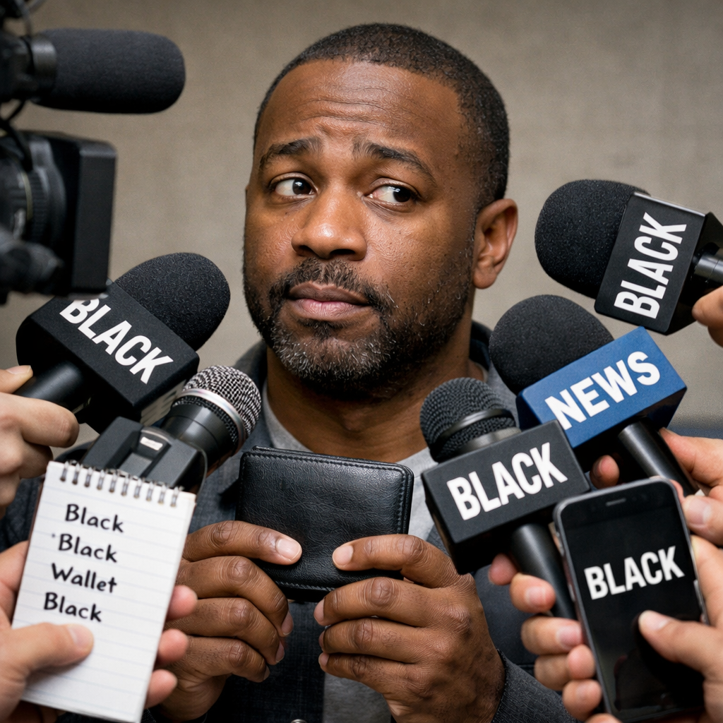 A man at a press conference, holding a wallet, a bunch of microphones from the press, many of them labelled 'black'