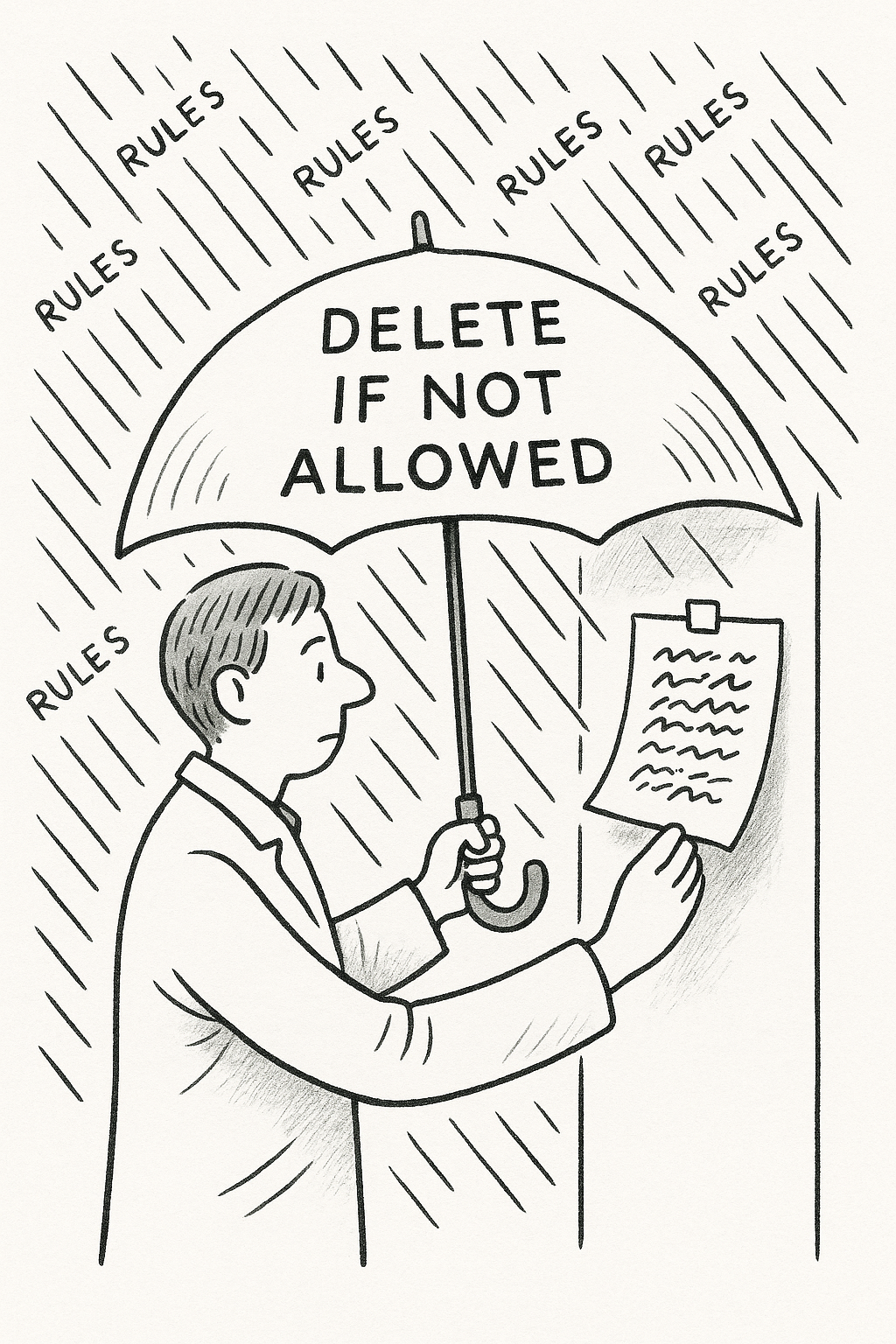 A guy holds a symbolic umbrella called 'please delete if not allowed' while the rules rain down