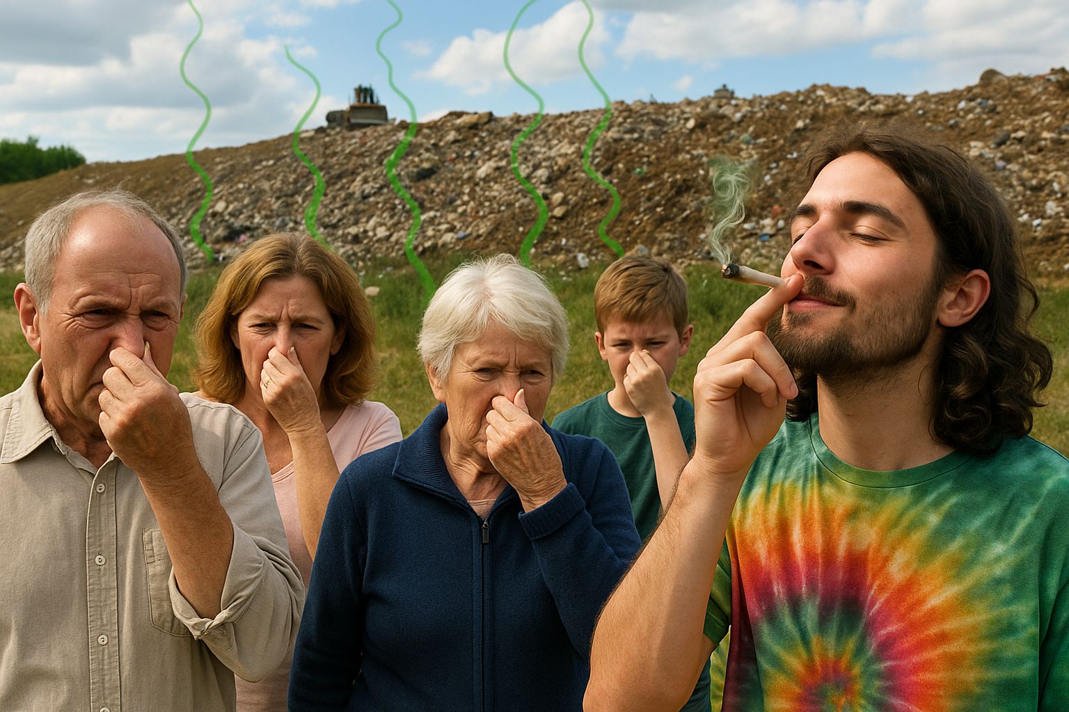A pot smoking long-haired man wearing tie-dye enjoys a stinky joint that combines smells with a landfill, 4 people looking on are holding their noses.