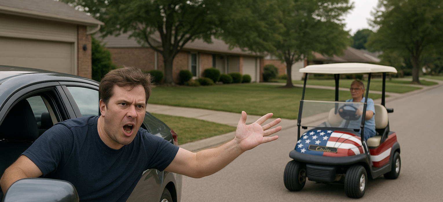 Angry car driver yelling at golf cart driver