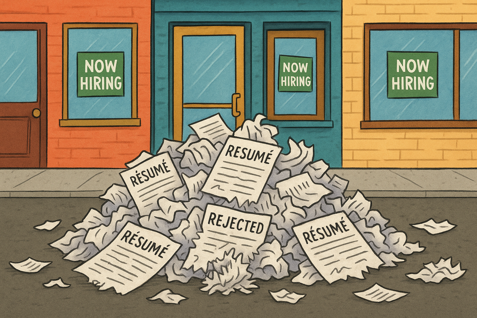 Cartoonish pile of rejected résumés outside stores with 'Now Hiring' signs