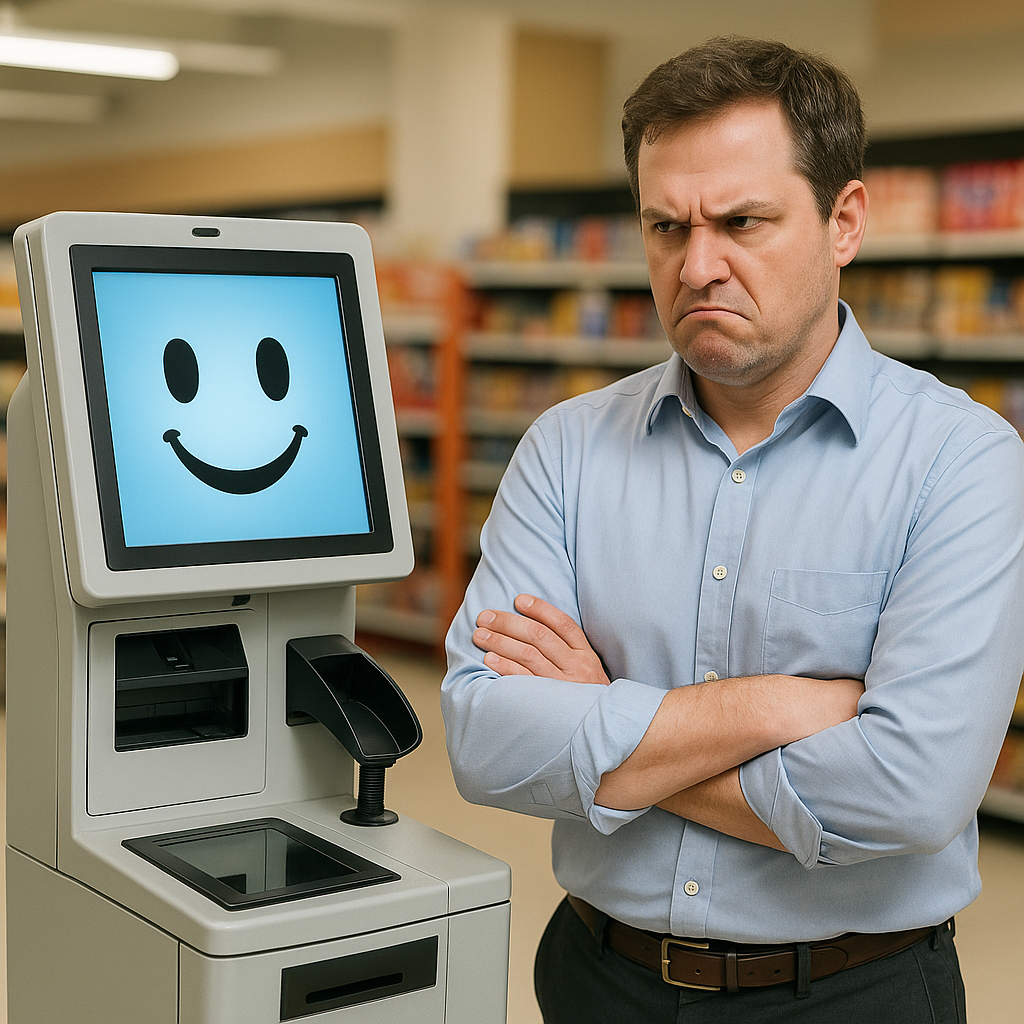 A man in business casual attire, crossed arms, scowling, and glaring at a cheerful self-checkout kiosk