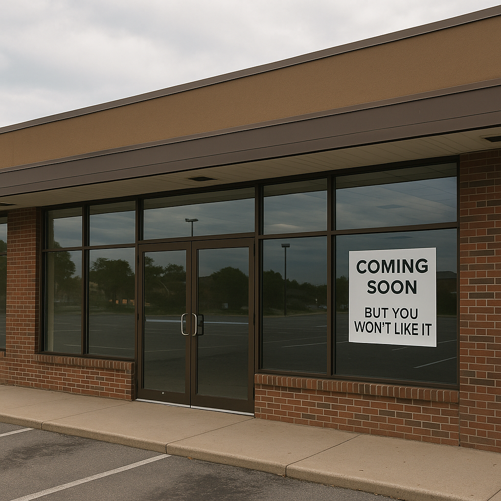 An empty store front with a sign in the window reading 'coming soon, but you won't like it'