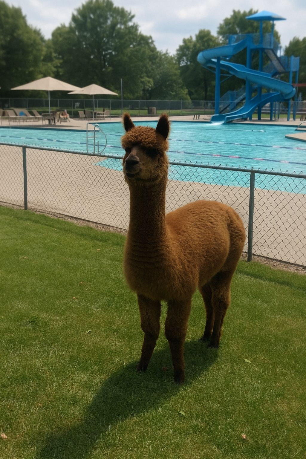 An alpaca at Big Splash, with a pool and waterslide in the background