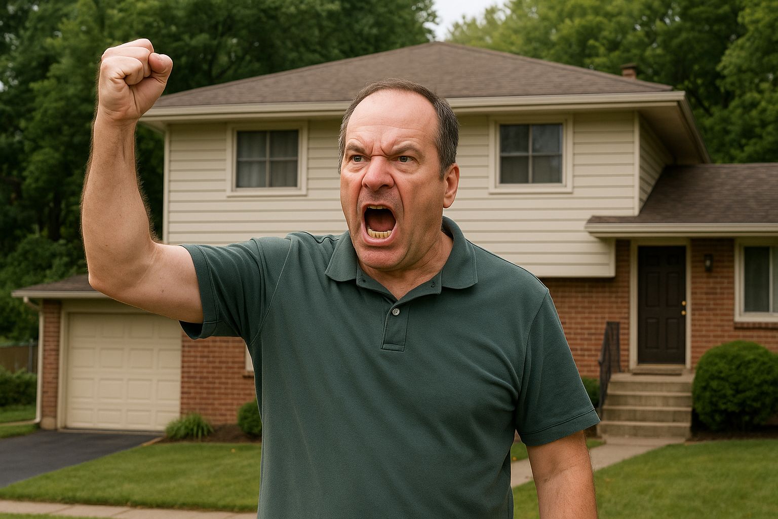 A middle-aged man shaking his fist and yelling, with his split-level house in the background