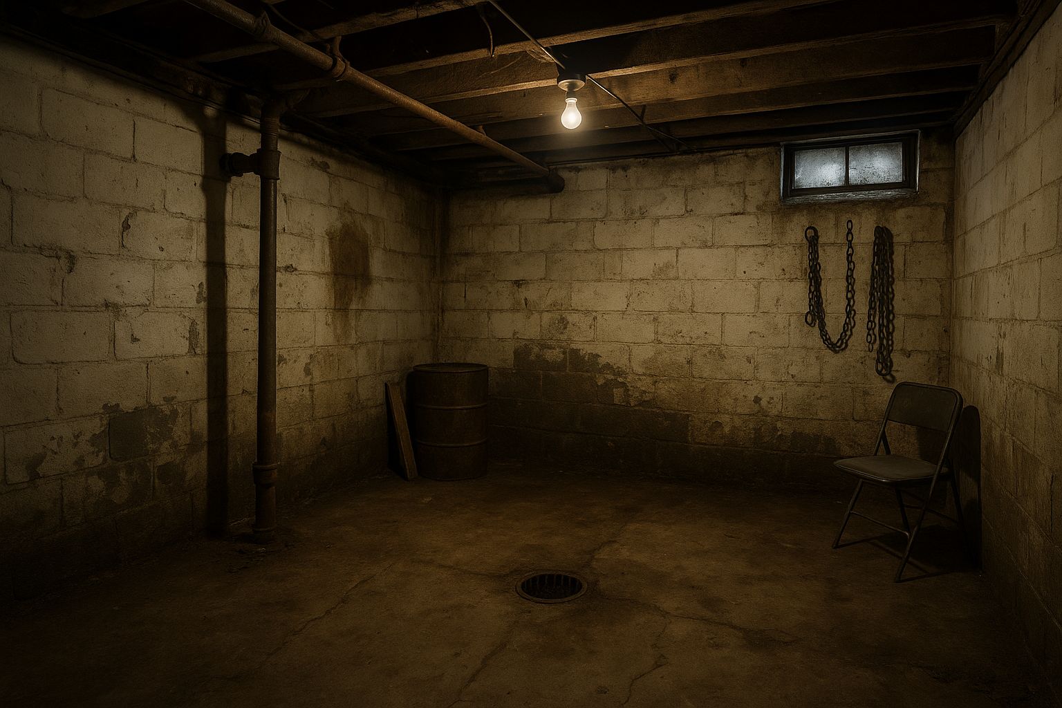 A damp, musty, unfinished basement with chains, a folding chair, and some vaguely suspicious items in it