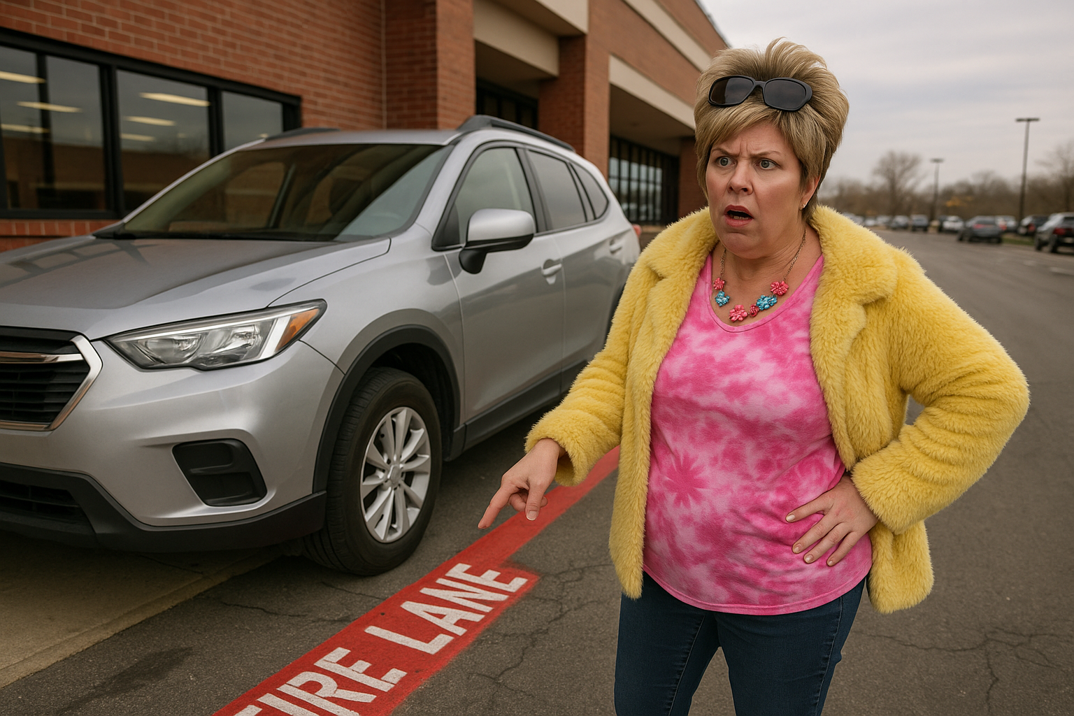 A woman with a terrible haircut stands astride the parking lot, looking defensive