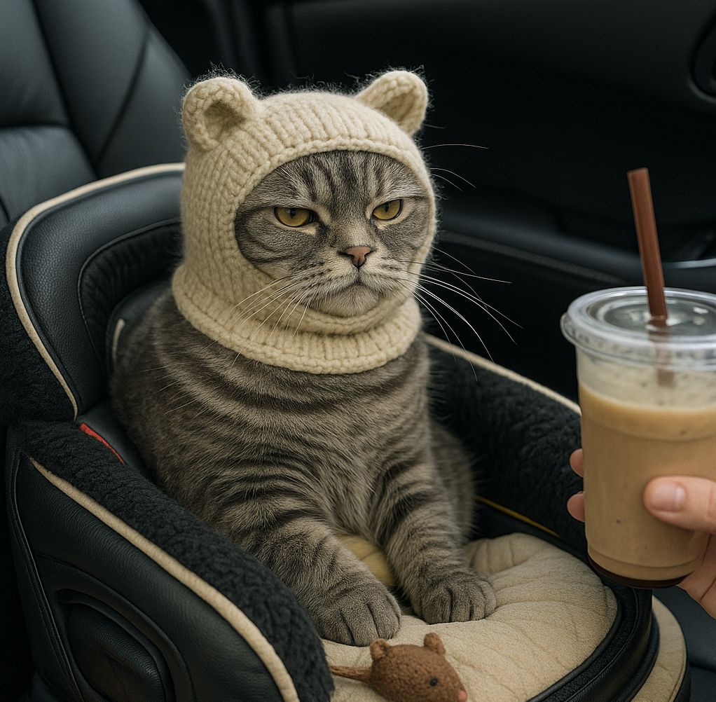 A cat in a heated car seat, wearing a balaclava