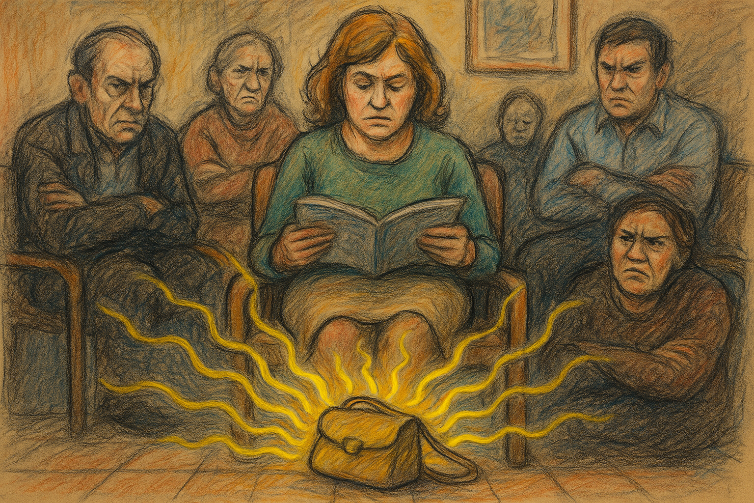 A woman sits in a doctor’s waiting room, pretending to read a magazine while everyone else glares; her purse on the floor glows or vibrates violently as sound waves radiate from it.